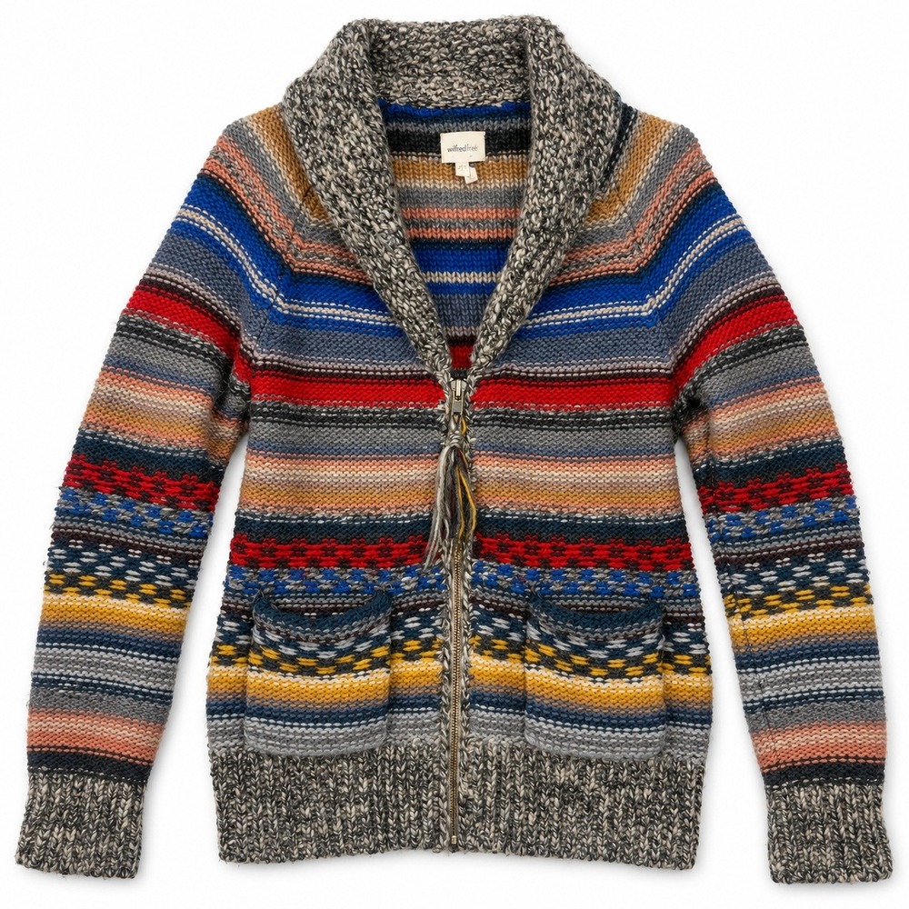Wilfred Free Wool Alpaca Striped Zip Cardigan Women Large Multi Color Shawl